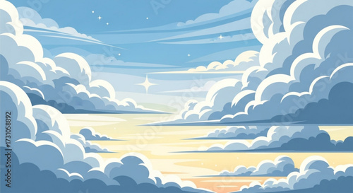 Illustration of a serene sky filled with fluffy clouds and twinkling stars creating a peaceful atmosphere