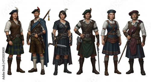 Group of six characters in traditional scottish attire standing in a row on a white background