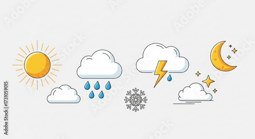 Illustration of various weather conditions including sun rain lightning snowflake moon and clouds displayed nicely