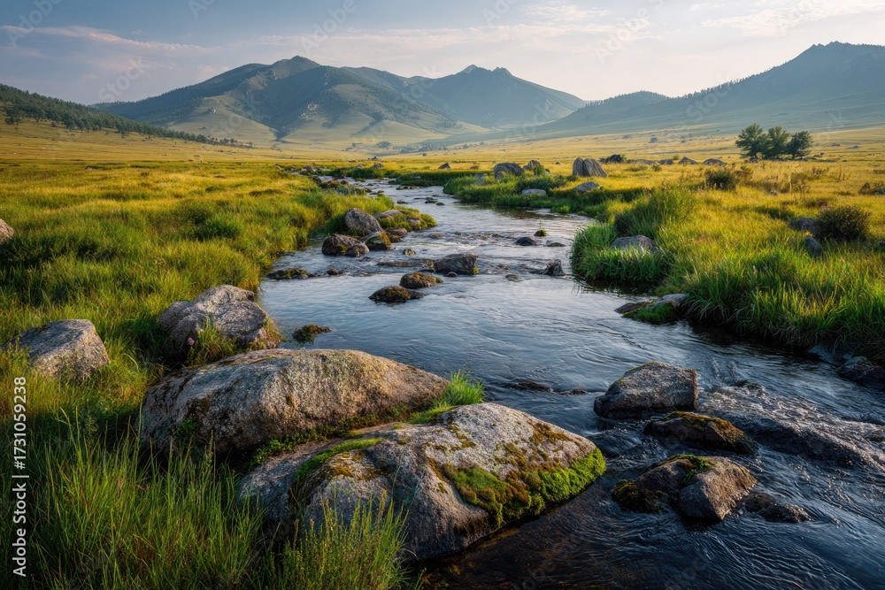 Fototapeta premium Stream flowing through a grassy meadow, mountains in the background