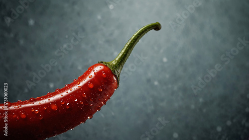 Vibrant red chili pepper rests on a slick, dark background, showcasing fresh cooking ingredient. Glossy texture and dramatic lighting evoke freshness, spice, and bold culinary appeal