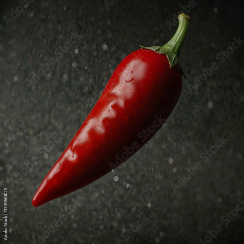 Vibrant red chili pepper rests on a slick, dark background, showcasing fresh cooking ingredient. Glossy texture and dramatic lighting evoke freshness, spice, and bold culinary appeal