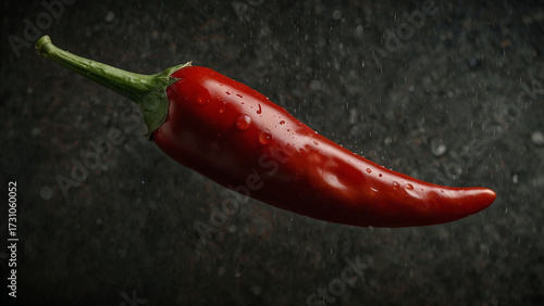 Vibrant red chili pepper rests on a slick, dark background, showcasing fresh cooking ingredient. Glossy texture and dramatic lighting evoke freshness, spice, and bold culinary appeal
