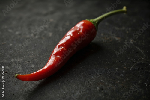 Vibrant red chili pepper rests on a slick, dark background, showcasing fresh cooking ingredient. Glossy texture and dramatic lighting evoke freshness, spice, and bold culinary appeal
