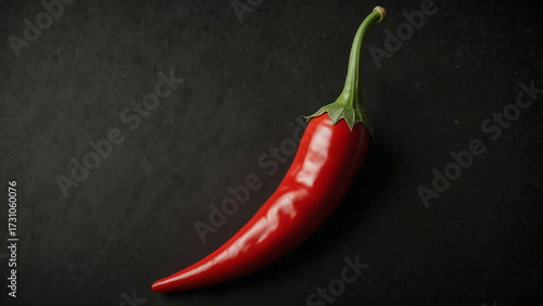 Vibrant red chili pepper rests on a slick, dark background, showcasing fresh cooking ingredient. Glossy texture and dramatic lighting evoke freshness, spice, and bold culinary appeal