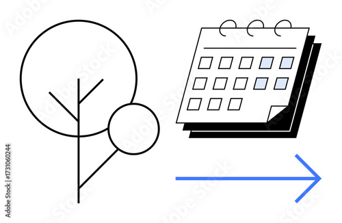 Minimalist tree paired with a spiral-bound calendar and blue arrow pointing forward. Ideal for sustainability, scheduling, eco-friendly goals, time management, future planning, environmental