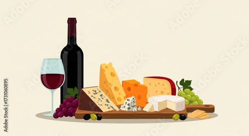 Still life illustration featuring a bottle of wine, a glass of red wine, and a cheese board selection