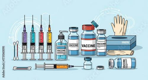 Illustration depicting various medical supplies including syringes vials and protective gear on light blue