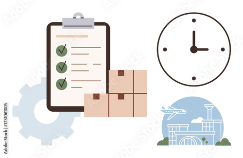 Checklist on clipboard with marked tasks, stacked boxes, clock, gear, airplane, and terminal building. Ideal for supply chain, delivery shipping scheduling efficiency planning production. Simple