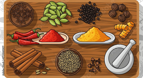 Illustration showing various spices including star anise, cardamom, pepper and turmeric on a wooden board