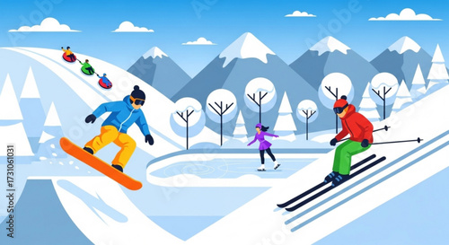 Illustration showing people enjoying winter activities like skiing snowboarding and ice skating in a snowy landscape