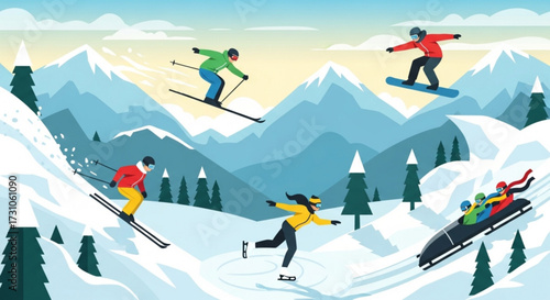 People enjoying winter sports like skiing snowboarding ice skating and bobsledding in a snowy mountain landscape