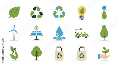 Illustration showcasing a collection of eco friendly and sustainable energy themed icons and symbols set on white