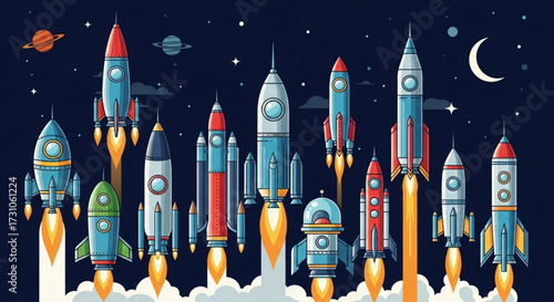 Collection of cartoon rockets launching into space with planets, stars, and a crescent moon in the background