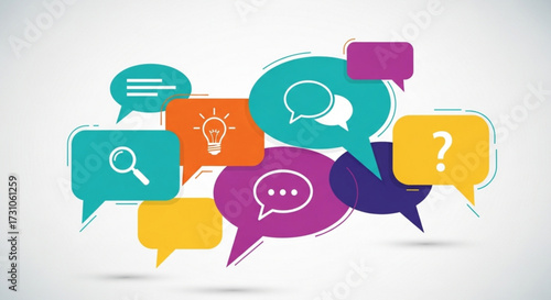 Colorful speech bubbles with various icons representing communication and ideas on a white background