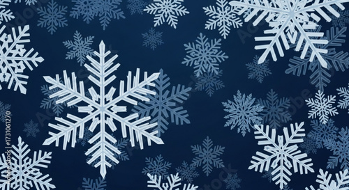 Illustration of snowflakes of varying sizes and shades of white and blue against a dark blue background