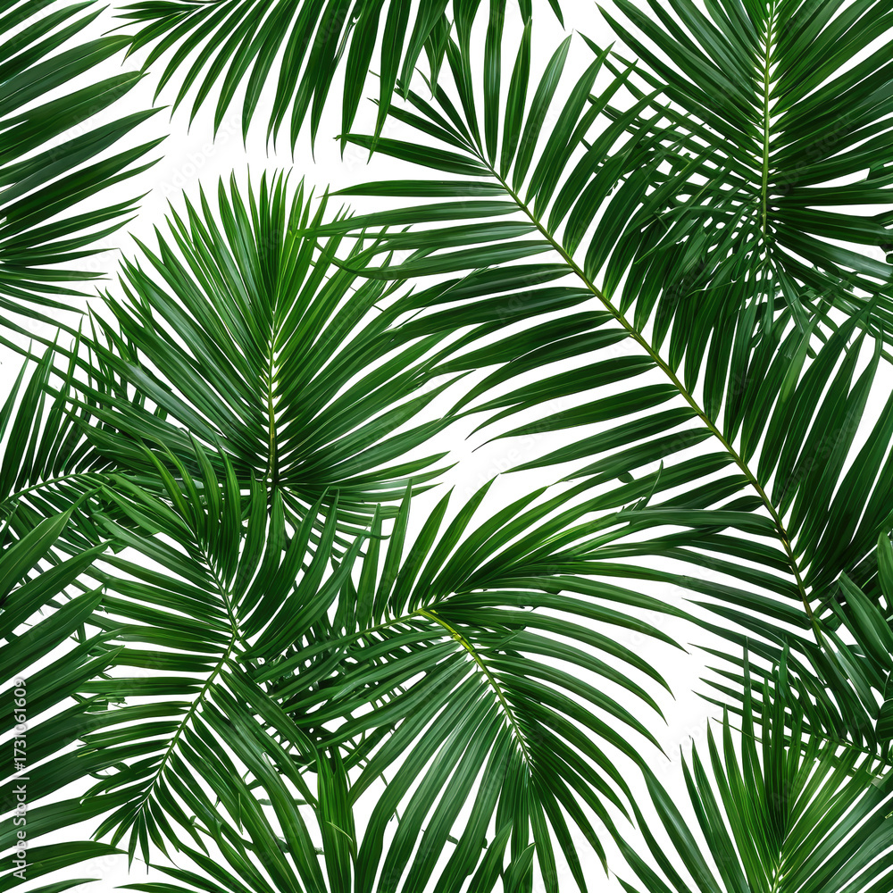Naklejka premium Dense green palm leaves with detailed texture, forming a natural pattern