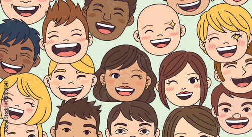Cartoon illustration of a diverse group of people with happy expressions and varying skin tones and hairstyles