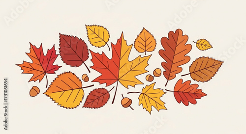 Illustration of various autumn leaves and acorns in shades of red orange and yellow on a light cream background