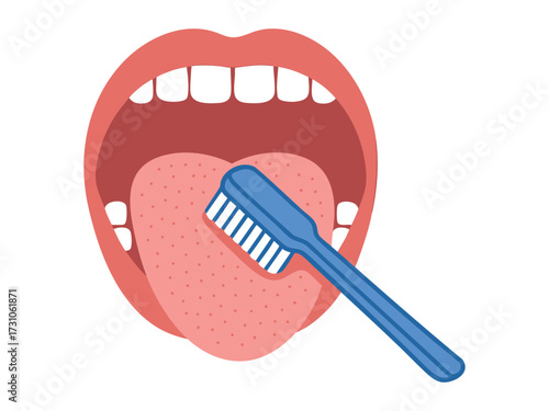 Illustration of a toothbrush cleaning a tongue inside an open mouth on a white background. concept of oral hygiene, dental care, health, clean teeth, dentist advice, illustration.