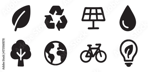 Set of eco friendly icons - leaf, recycling, solar panel, water drop, tree, globe, bicycle, light bulb with leaf. concept of sustainability, green energy, environment, black outline, silhouette