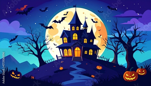 Haunted House Halloween Night with Jack-o'-Lanterns and Bats Under a Full Moon