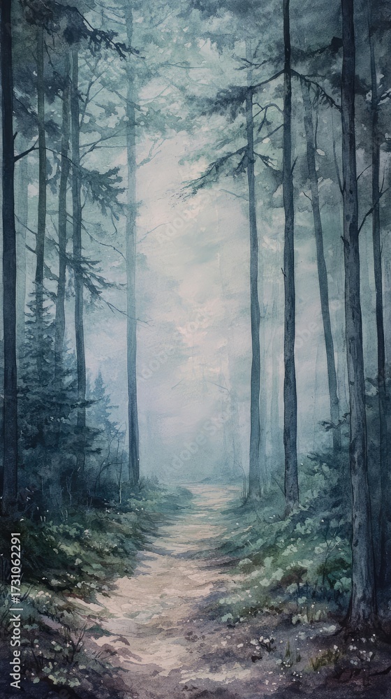 Fototapeta premium A painting of a forest path with trees on either side