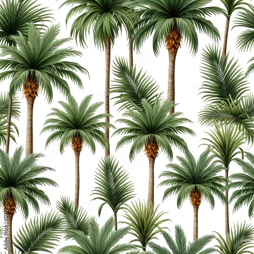 Tropical palm trees with lush green fronds against a black background