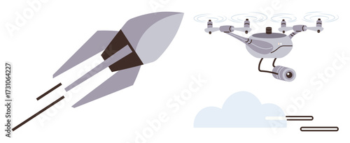 quadcopter equipped with a camera flying near a cloud and streamlined rocket igniting engines. Ideal for innovation, technology, exploration, surveillance, speed, future concepts, aerospace. Simple