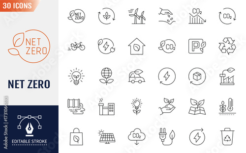 Net Zero line editable icons set. Containing icons recycling, green energy, carbon absorbing and more. Vector illustration