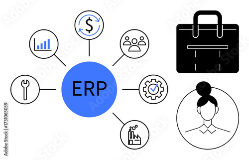 Central ERP hub linked to finance, analytics, people, tools, production, and quality icons. Briefcase and user profile enhance flow. Ideal for business, workflow teamwork data flow finance