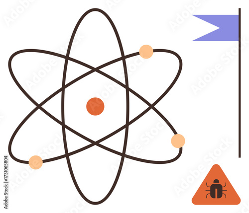 Atomic structure with nucleus and orbiting electrons, warning triangle with bug icon, blue flag. Ideal for science, physics, energy, research, cybersecurity education warning concepts. Simple flat
