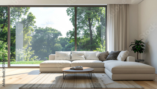 Wallpaper Mural Modern living room interior with cozy sofa and natural light through large windows, clean minimal design Torontodigital.ca