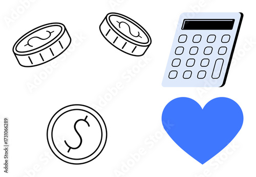Coins, calculator, and blue heart representing finance, budgeting, saving, charity, cost analysis, emotional value and resource management. Ideal for money management charity finance education