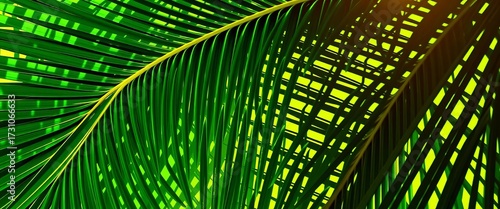 Intricate tropical palm leaf pattern, vibrant green hues, sunlight dappled shadows, foliage background, pattern