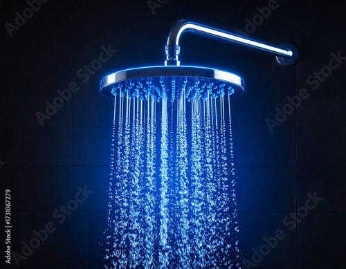 Modern shower head with vibrant blue light