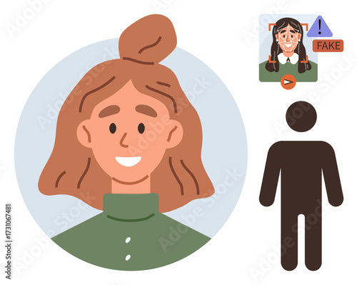 Smiling woman s face contrasted with a detected deepfake alert, silhouette figure for anonymity, and emphasis on modern digital risks. Ideal for cybersecurity, identity verification, online trust