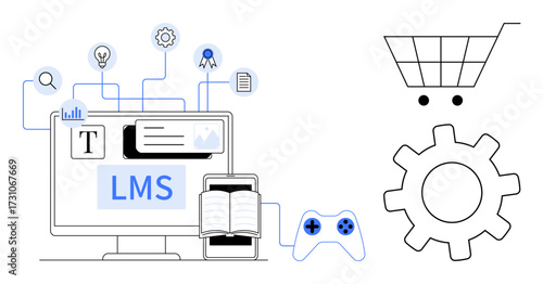 Computer with LMS interface, book, controller, cart, and gear. Ideal for education, e-learning, shopping tutorials online training strategy and user integration. Simple flat metaphor