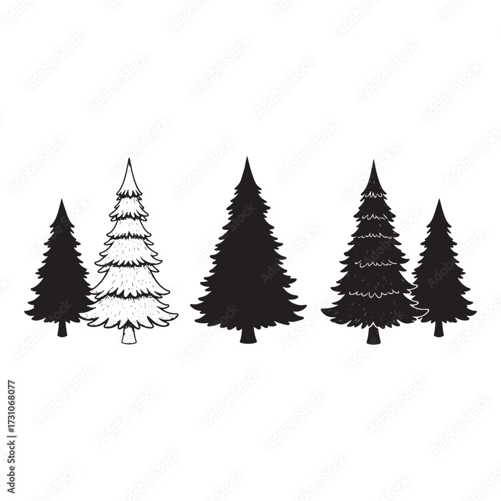 Obraz premium Group of pine trees in black silhouette and line art on white