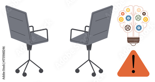 Two office chairs side-by-side, lightbulb with gears symbolizing creative teamwork, and a caution sign conveying alertness. Ideal for innovation, collaboration, brainstorming, workplace safety