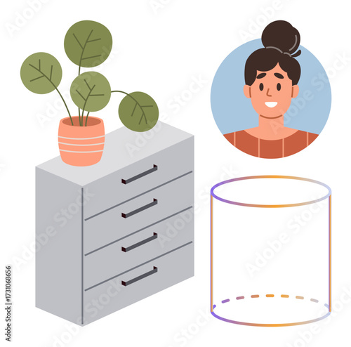 Wooden office drawer with pot plant on top, smiling woman icon in a circular frame, and translucent cylindrical shape. Ideal for organization, workspace, profile, decor, communication, design simple