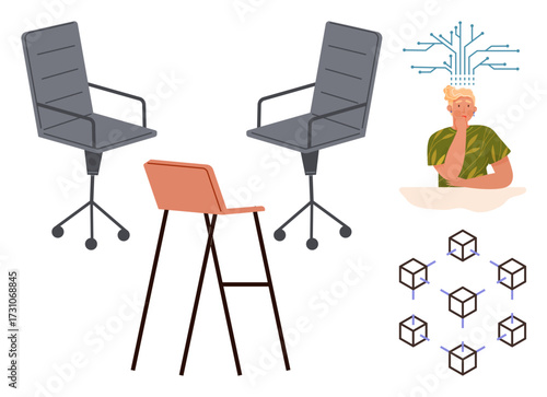 Office chairs and a stool, a person contemplating with brain connections, geometric cubes linked, featuring collaboration, innovation, technology, networking, teamwork, brainstorming simple flat