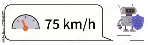 Speedometer with 75 kmh reading alongside a robot holding a shield, symbolizing speed regulation, safety, and technology. Ideal for transport, AI, automation, safety, innovation robotics simple