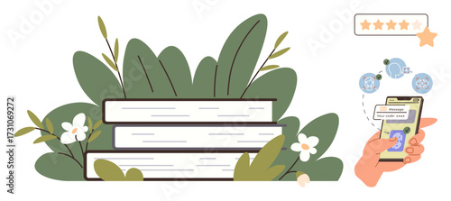 Stack of books surrounded by foliage, hand holding smartphone showing reviews, rating, and digital content icons. Ideal for education, reading, e-learning, digital transformation, eco-friendliness