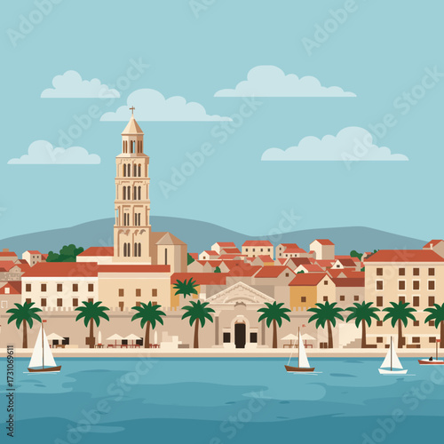 Split, croatia skyline with diocletian palace and boats on the adriatic sea. Vector.