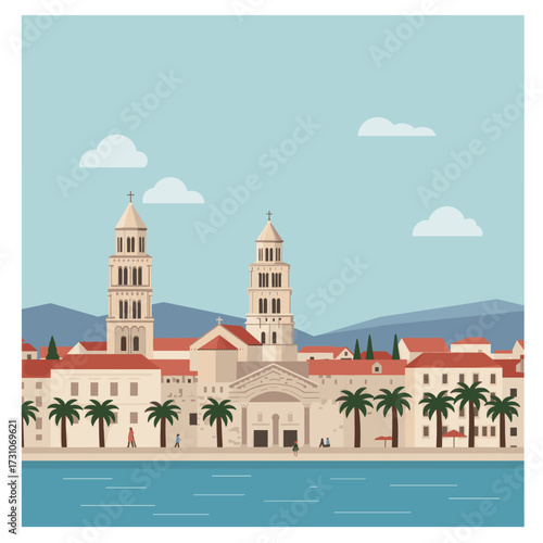 Split, croatia cityscape vector illustration with diocletian palace and waterfront.