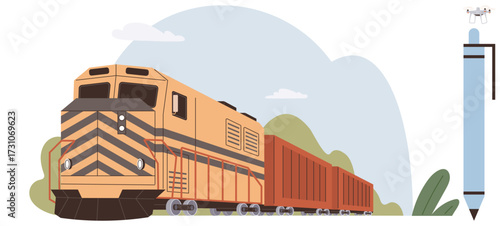 Freight train moving through greenery, accompanied by a flying quadcopter and a large pen. Ideal for technology, innovation, transportation, logistics, progress, automation creativity. Modern flat