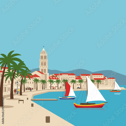 Scenic view of split, croatia, with boats, palm trees, and historic buildings.