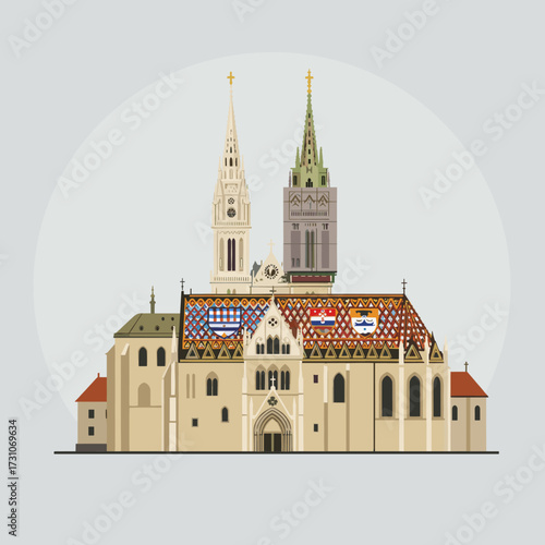 Saint mark church in zagreb, croatia, with its colorful tiled roof and spires.