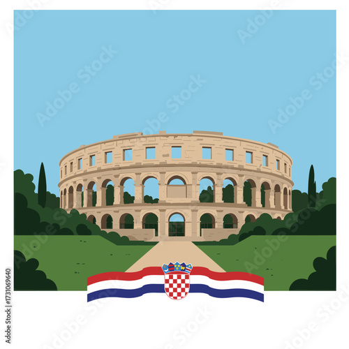 Pula arena in croatia with national flag. Ancient roman amphitheater, travel icon.